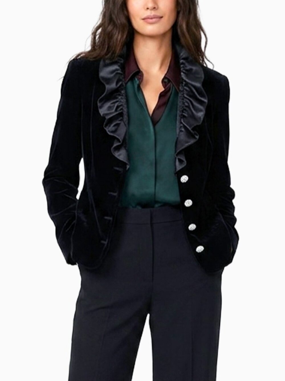 Vtg Kay Unger Black Velvet Blazer Satin Ruffle Crystal Button Jacket Med Y2K 90s